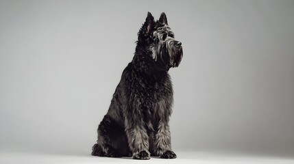 A majestic Bouvier Des Flandres sitting proudly on a light solid color background, showcasing its thick fur and distinctive beard