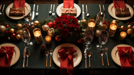 A top-down view of a beautifully set Christmas Eve table, featuring food