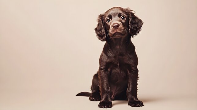 A playful Boykin Spaniel puppy sitting on a light solid color background, showcasing its rich chocolate coat and expressive eyes
