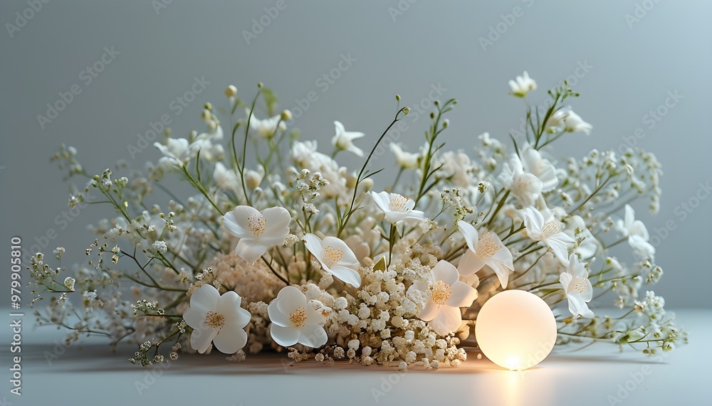 Poster Elegant Product Showcase Featuring White Flowers and Soft Illumination