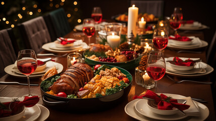 A top-down view of a beautifully set Christmas Eve table, featuring food