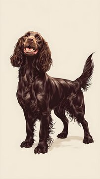 A Boykin Spaniel standing confidently, with a bright smile and its tail wagging, set against a light solid color background