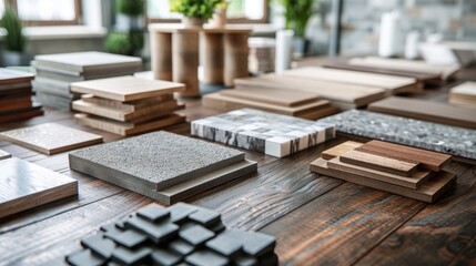Material samples on wooden table for interior design selection