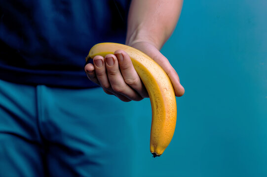 A man in jeans holding a banana between his legs, symbolizing his penis in an flaccid state. Men's health prostate prevention,Erection problem, male health	