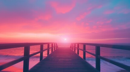 Obraz premium Message in clear sky above wooden bridge by sea in port at beautiful Sunset Twilight horizon colorful sky space to write