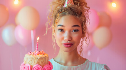 Young woman holding a beautifully decorated birthday cake with a lit candle and Balloons - Ideal for Invitations, Posters, and Cards. Generative ai