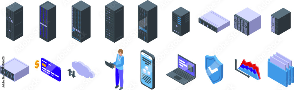 Poster dedicated server icons set. system administrator working on laptop, managing data storage, server an