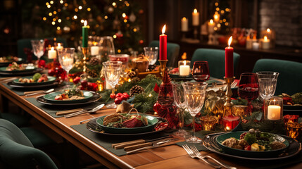 A top-down view of a beautifully set Christmas Eve table, featuring food
