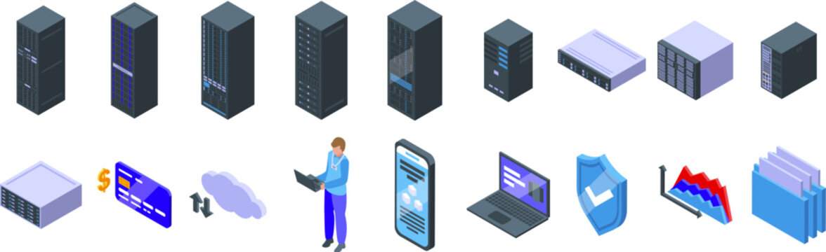 Dedicated server icons set. System administrator working on laptop, managing data storage, server and cloud computing with security and financial analytics