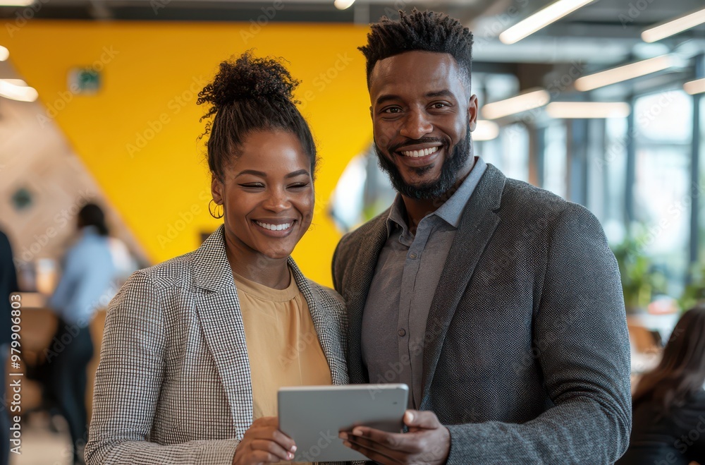 Poster smiling business professionals collaborating in a modern office setting with a tablet, showcasing te