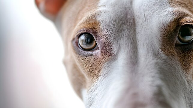 A close-up of a Bull Terrier's face, highlighting its expressive eyes and unique features against a soft, light backdrop