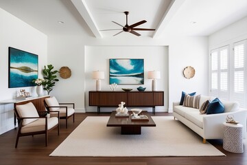 Fototapeta premium Stylish Modern Display Console and Functional Decor for a Bright Airy Living Room with White Walls