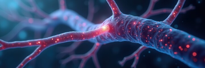 A close-up view of a neuron, showcasing its intricate structure and glowing connections, ideal for medical, scientific, and educational content.