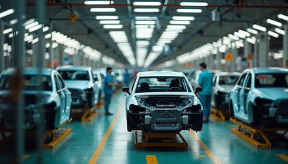 Interior view of a car manufacturing factory with incomplete car bodies and active workers on the assembly line.






