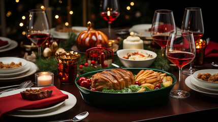 A top-down view of a beautifully set Thanksgiving table, featuring food, beverage