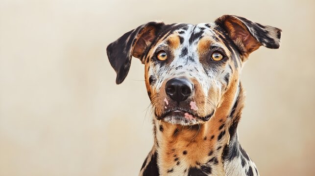 A close-up portrait of a Catahoula Leopard Dog with its ears perked up, highlighting its unique spots and vibrant expression against a light backdrop