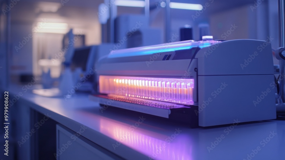 Poster Advanced laboratory apparatus adds vibrant colors to rows of test tubes while highlighting the modern design of a research facility during nighttime operations.