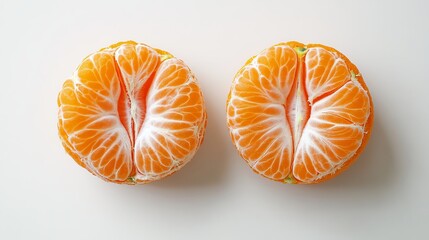 Two peeled citrus fruits, mandarin or clementine, rest on a white backdrop, revealing their segmented interiors and juicy flesh. 