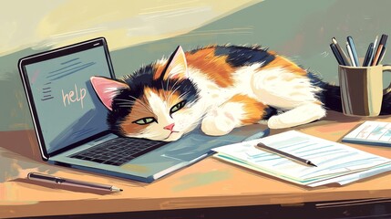 An overweight calico cat lying next to a laptop on a desk, appearing to "help" with work, surrounded by stationary and a coffee cup.