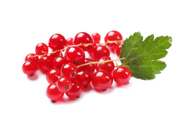 Ripe red currant berries and green leaf isolated on white