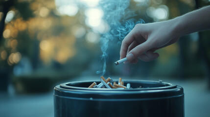 Hand discarding a lit cigarette into a trash bin outdoors, quitting smoking concept