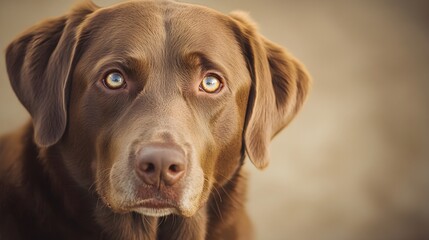 A close-up portrait of a Chesapeake Bay Retriever with soulful eyes, emphasizing its friendly expression against a soft, muted background