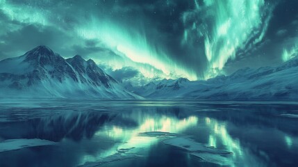 Fototapeta premium The Northern Lights dancing above a tranquil mountain range, with reflections of the aurora creating a mesmerizing scene in a still, icy lake below.