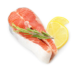 Fresh salmon steak, lemon and rosemary isolated on white