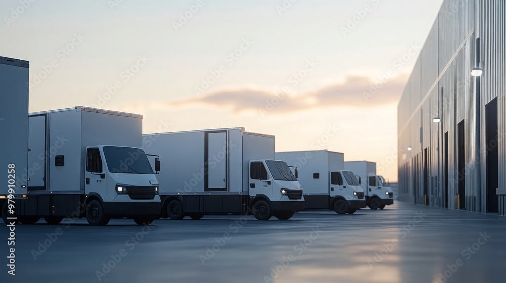 Poster a line of delivery trucks parked neatly at a warehouse loading dock, with a warm sunset illuminating