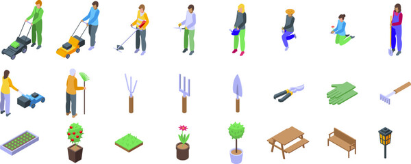 Lawn worker icons set. Gardeners are planting and caring for plants, using gardening tools isometric icons set