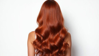 Fototapeta premium Back view of a woman with long, wavy copper-colored hair, styled to highlight its vibrant shine against a white background.