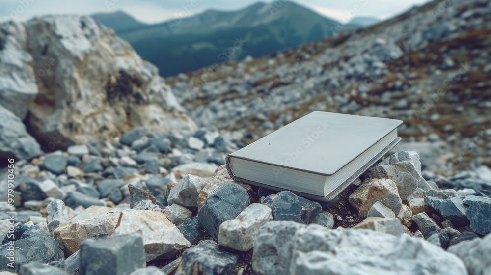 Poster notebook on pile of rocks in mountains studio shoot for product superior image quality