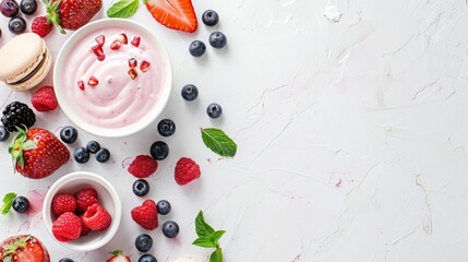 Nutritious breakfast featuring strawberry yogurt fresh fruit and macaroon cake on a white background Top down view with space for text