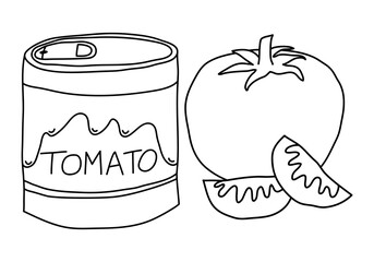Tomato paste, a can of tomatoes, a whole tomato, tomato slices. Flat black and white illustration, line style, eps10