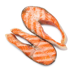 Tasty grilled salmon steaks isolated on white, top view