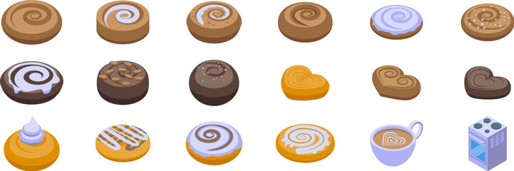 Cinnamon bun icons set. Sweet pastries with different toppings and shapes, perfect for a delicious breakfast or snack