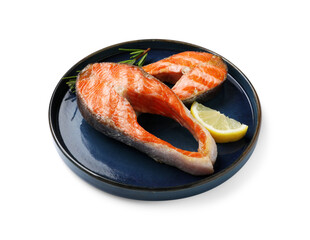 Tasty grilled salmon steaks, lemon and rosemary isolated on white