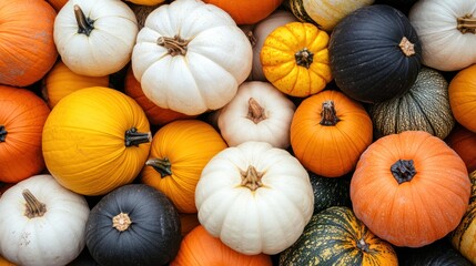 Colorful Variety of Pumpkins and Gourds in Autumn Harvest Display for Seasonal Decor and Fall Festivities