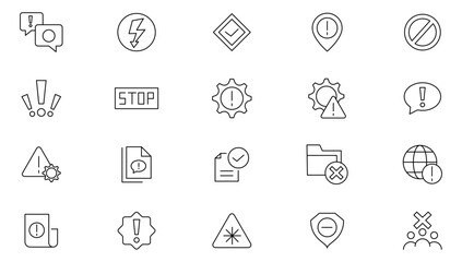 Warning line icon set. Exclamation mark, attention, danger, notice, stop, hazard, notification, danger alert, attention sign, emergency Line icon set. UI thin line icon pack.