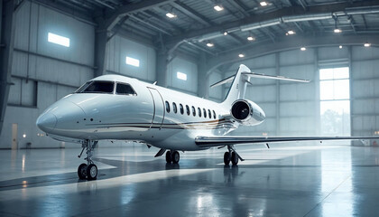 Obraz premium Sleek private jet in a spacious hangar, perfect for a high-end advertisement setting.
