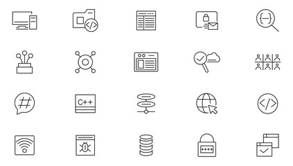 Programming line icon set. Web development, code, website, cloud, app, data, software, algorithm, API, build, technology, developer, advertising, app, archive line icon set. UI thin line icon pack.