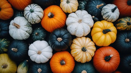 Colorful Variety of Pumpkins and Gourds in Autumn Harvest Display for Seasonal Decor and Fall Festivities