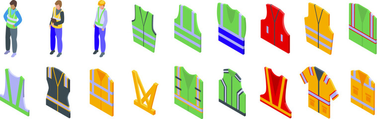 Safety vest icons set. Large set of high visibility reflective safety vests isometric icons showing different styles and colors worn by construction workers