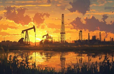 Industrial oil refinery at sunset with dramatic sky and reflection in water