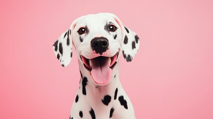 A Dalmatian dog with its tongue out, exuding happiness against a solid pastel background, highlighting its expressive features