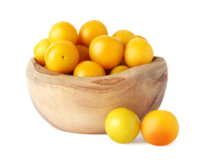 Fresh ripe yellow plums in bowl isolated on white