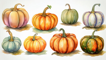 Vibrant set of watercolor pumpkins, autumn season. Autumnal vegetables on white. Thanksgiving holiday