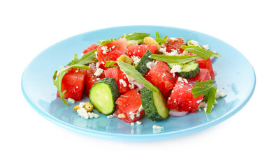 Tasty salad with watermelon, feta cheese and arugula isolated on white