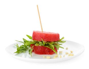 Tasty salad with watermelon, cashews and arugula isolated on white