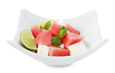 Tasty salad with watermelon, feta cheese, lime and mint isolated on white